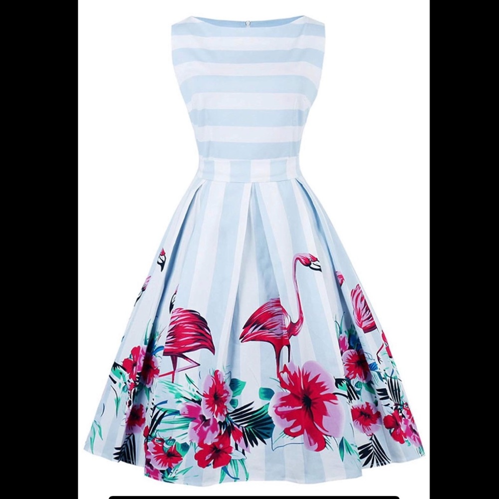 50s Retro Dress with Bow - Flamingos and Stripes